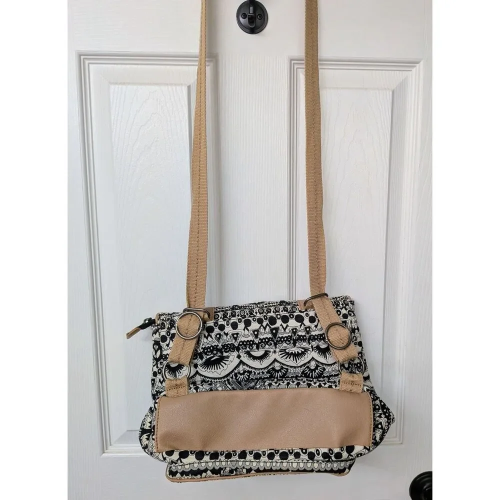 Sakroots Black & Tan Convertible Messenger Crossbody Hippie Peace Bohemian Bag